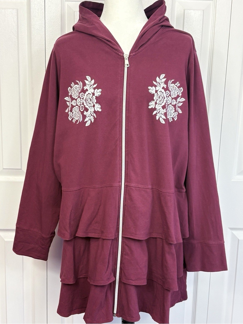 Monroe & Main Burgundy Embroidered Floral Knit Tiered Ruffle Zip Hoodie 2X